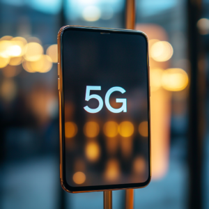 Modern 5G smartphone with sleek design and dynamic interface