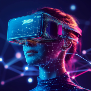 Futuristic AI apps with holographic interfaces, 3D graphics, and digital data flows.