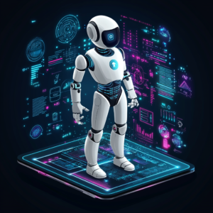 Modern AI apps interface with dynamic icons and digital graphics in a futuristic setting.