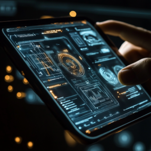 Detailed review of AI apps with ratings, performance graphs, and evaluation icons on a digital display.