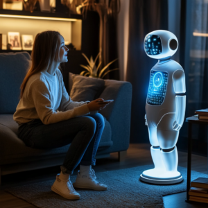 Woman using a home assistant device with AI integration in a comfortable living room