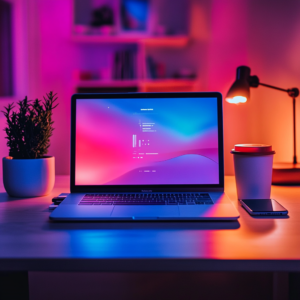 Home office setup using AI-powered software on a laptop with real-time analytics