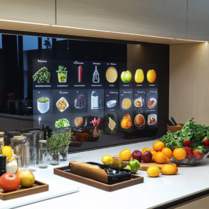 Smart kitchen display powered by AI offering recipe suggestions and shopping list updates