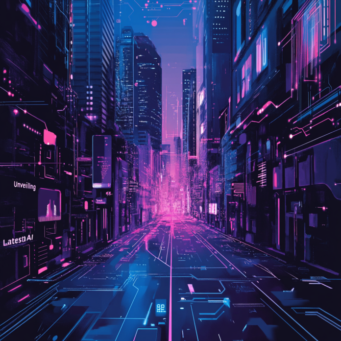 Futuristic urban landscape with neural network circuits and holographic data displays representing AI advancements in 2025.