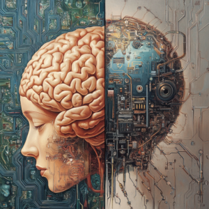 Visual comparison of human intelligence and artificial intelligence with brain imagery and digital circuits.