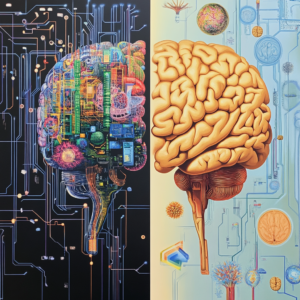 Visual comparison between artificial intelligence and human intelligence with digital graphics and brain imagery.