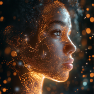 Futuristic collaboration of human and artificial intelligence featuring holograms and dynamic data flows.