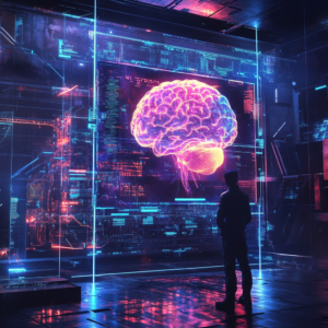 Futuristic scene of AI and human intelligence collaboration with holograms and interactive digital interfaces.