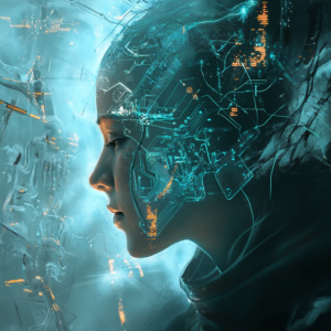 Introduction to AI and human intelligence featuring a human brain and digital circuits interconnected by light.