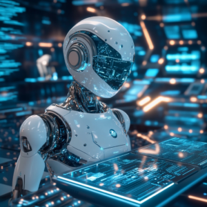 Futuristic workspace with connected digital devices displaying AI analytics