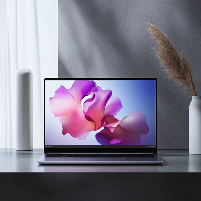 Exclusive image showcasing a modern budget laptop design with dynamic graphical elements.