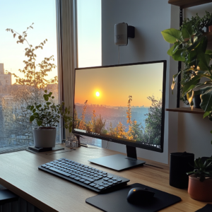 Affordable desktop computer setup with a spreadsheet on the monitor in a minimalist workspace