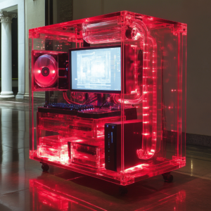 Budget gaming PC with transparent case, LED lighting, and ergonomic peripherals