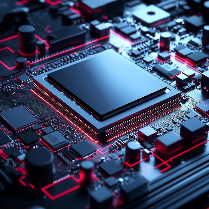 Futuristic computer hardware trends for 2025 with interconnected digital graphics and advanced components.