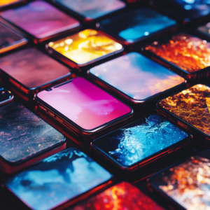 Exclusive lineup of foldable smartphones in various angles, showcasing open and closed modes