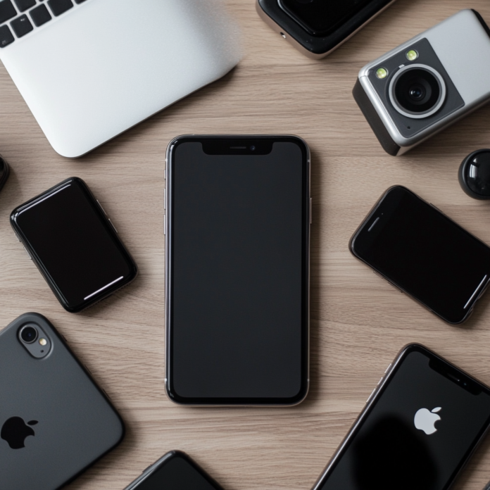 Review setup featuring foldable smartphones with performance icons on a minimalist desk