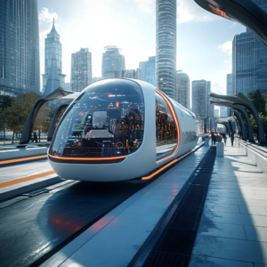 Futuristic AI trends illustration featuring digital interfaces, robotics, and urban smart elements.