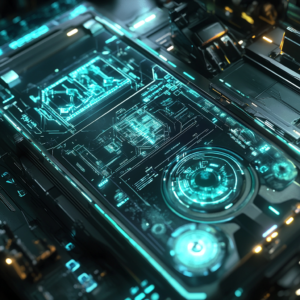 Futuristic personal computing hardware featuring advanced design and digital connectivity effects.