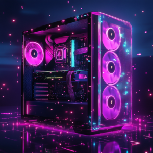 Futuristic computer hardware intro for 2025 featuring a modern chassis with vibrant RGB lighting.