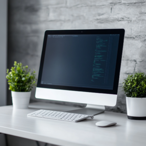 Modern personal computing intro featuring a sleek computer and digital circuit background.