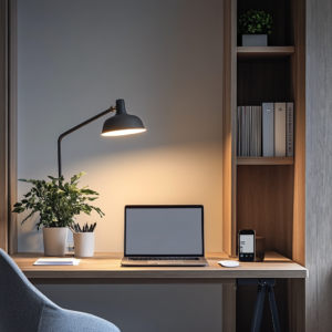 Modern home office with a laptop, ergonomic chair, and minimalistic décor for remote work