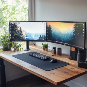 Dual-monitor setup with ergonomic peripherals, offering extended screen space and efficient workflow