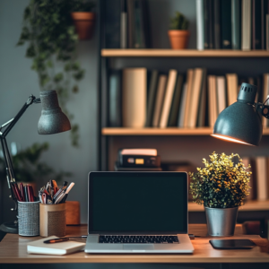 Laptop and noise-canceling headset in a serene home office with personal décor