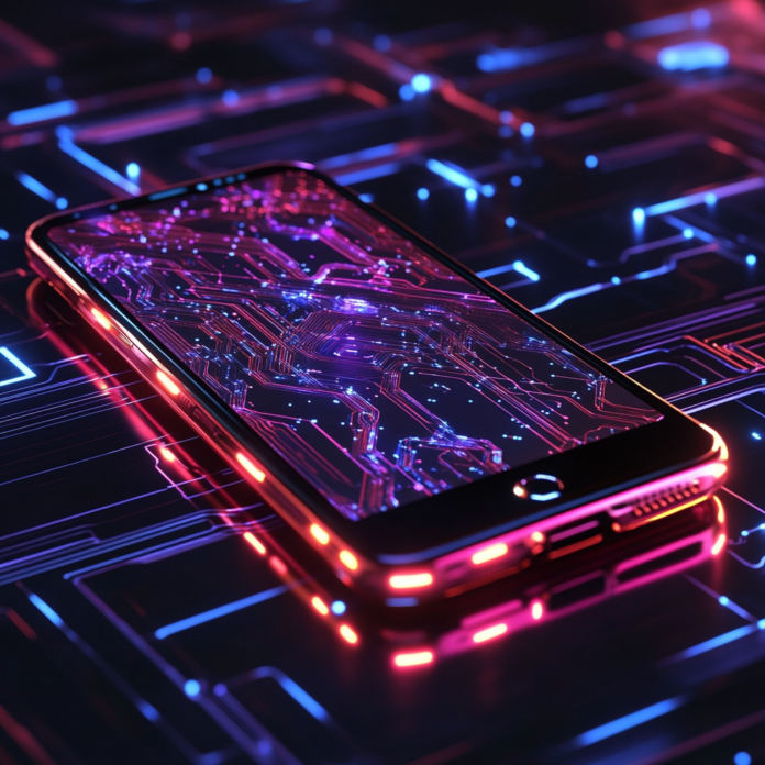 Exclusive futuristic smartphone showcasing innovative design with high-tech visual elements.