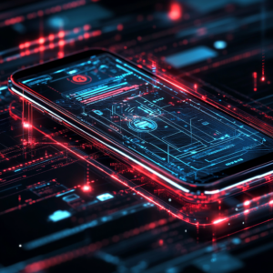 Futuristic smartphone security trends with 3D graphics, holographic effects, and biometric icons.
