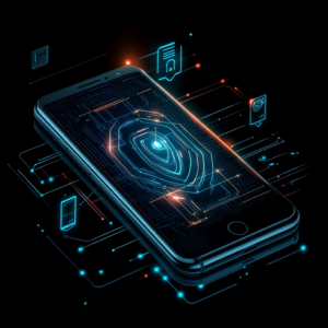 Smartphone with digital security icons and a modern cyber protection background.