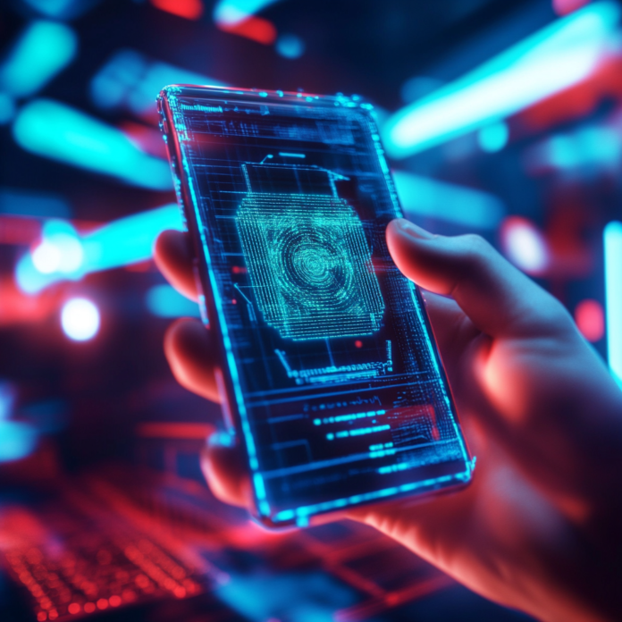 Advanced smartphone security interface for 2025 with digital shields and encrypted data visuals.