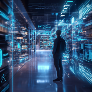 Futuristic tech buying guide with digital holograms and connected interfaces.