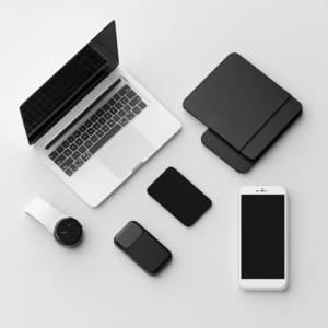 Modern tech gadgets on a clean background showcasing smartphone, laptop, tablet, and smartwatch.
