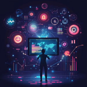 Introduction to tech investment with modern charts, digital currency symbols, and innovative technology icons.