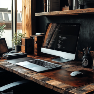 Laptop workstation with ergonomic accessories in a minimalist setup