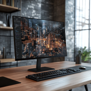 Exclusive modern workspace with an ultrathin monitor and contemporary peripherals