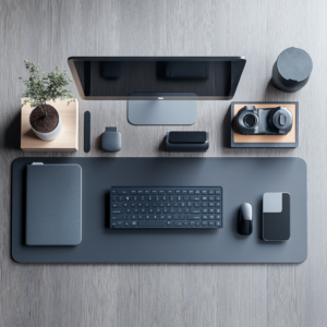 Modern desk setup featuring curated tech accessories in a minimalist workspace