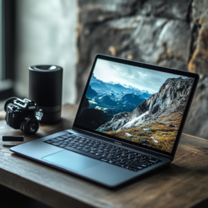 Sleek ultrathin laptop with premium tech accessories for mobile efficiency