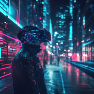 Futuristic illustration of virtual reality trends with dynamic digital effects and holographic interfaces.