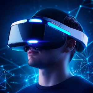 Immersive virtual reality introduction featuring a modern VR headset in a futuristic setting.