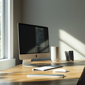 Side-by-side display of a Windows PC and a Mac workstation in a creative workspace