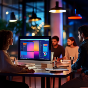 Collage of creative professionals using Windows and Mac systems in various work environments