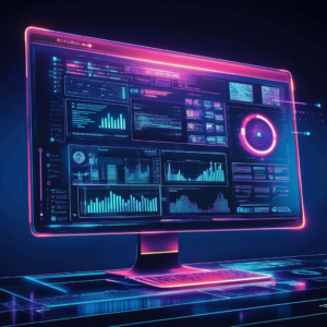 Futuristic work-from-home trends with interactive digital interfaces and advanced technology icons.