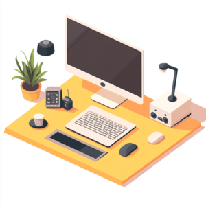Modern work-from-home tech setup featuring a sleek computer station with peripherals and cozy decor.