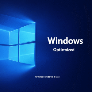 Banner split between a teal background with the Windows logo and a light gray side with the Apple logo, overlaid by a metallic 3D ‘SEO Optimized’ headline and ‘for Windows & Mac’ subtitle.