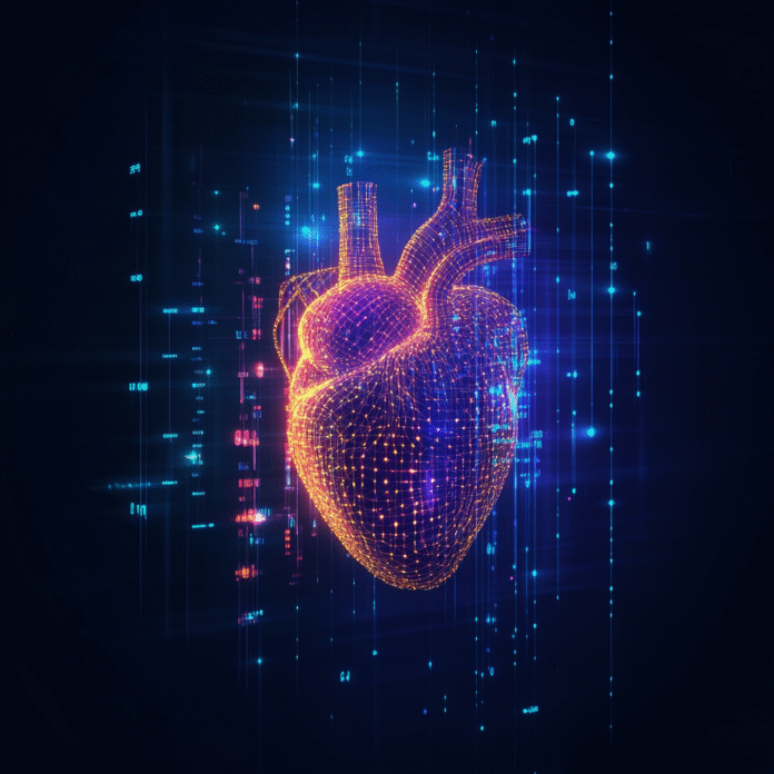 Featured graphic of golden stethoscope, binary code background, and neon hologram heart symbolizing AI in healthcare