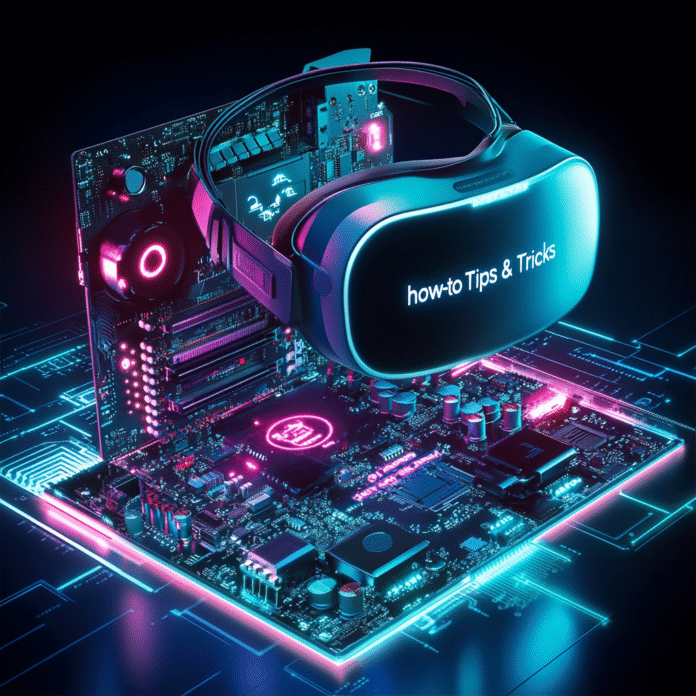 Futuristic featured graphic of a VR headset floating above a PC with holographic optimization icons
