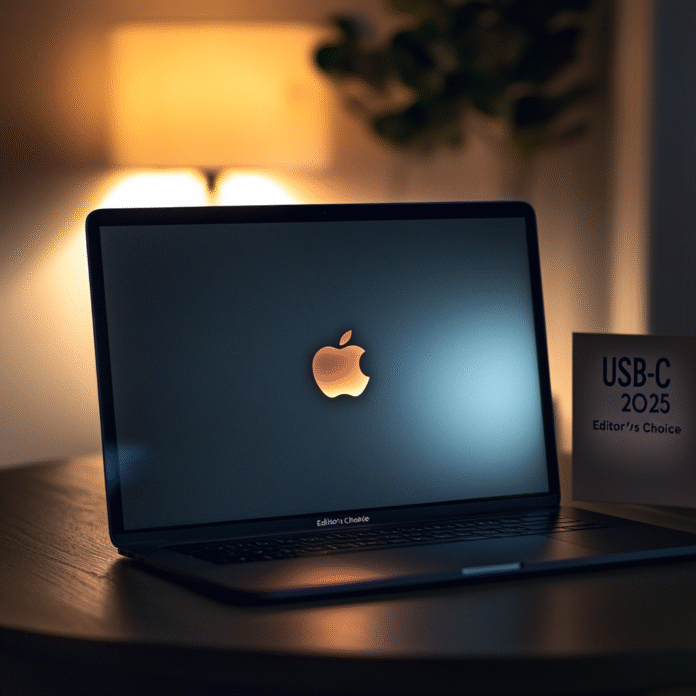 Futuristic featured graphic with USB-C logo, MacBook, and floating connectivity icons